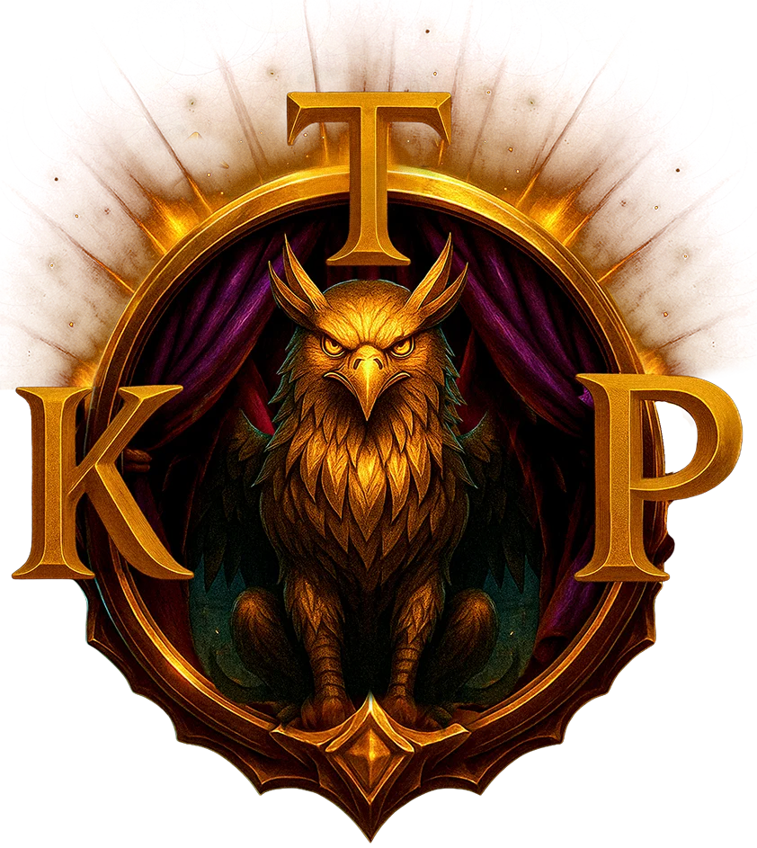 The Kuloran Players logo An image of a golden griffon sitting in the center of a circular emblem, with purple velvet stage curtains as a background. Three massive golden letters surround it: T at the top, K on the left, and P on the right. The whole ensemble appears to glow, as golden rays of light beam from behind it.